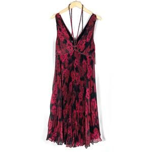 Teri Jon Cocktail Dress Red Black Floral Pleated V-Neck Sleeveless Sz 4